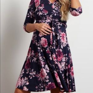 Pink blush maternity plus navy floral faux wrap dress with tie sash